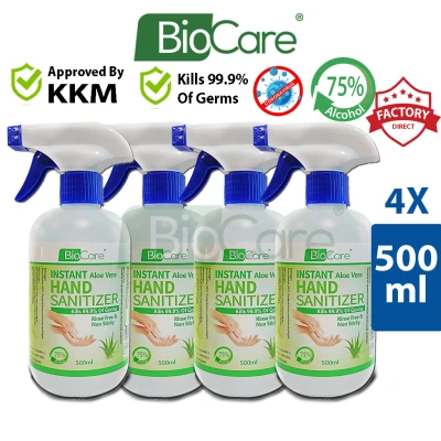 [Ready Stock] 4 x 500ml Biocare Instant Hand Sanitizer Liquid (SPRAY) with Aloe Vera (75% alcohol)