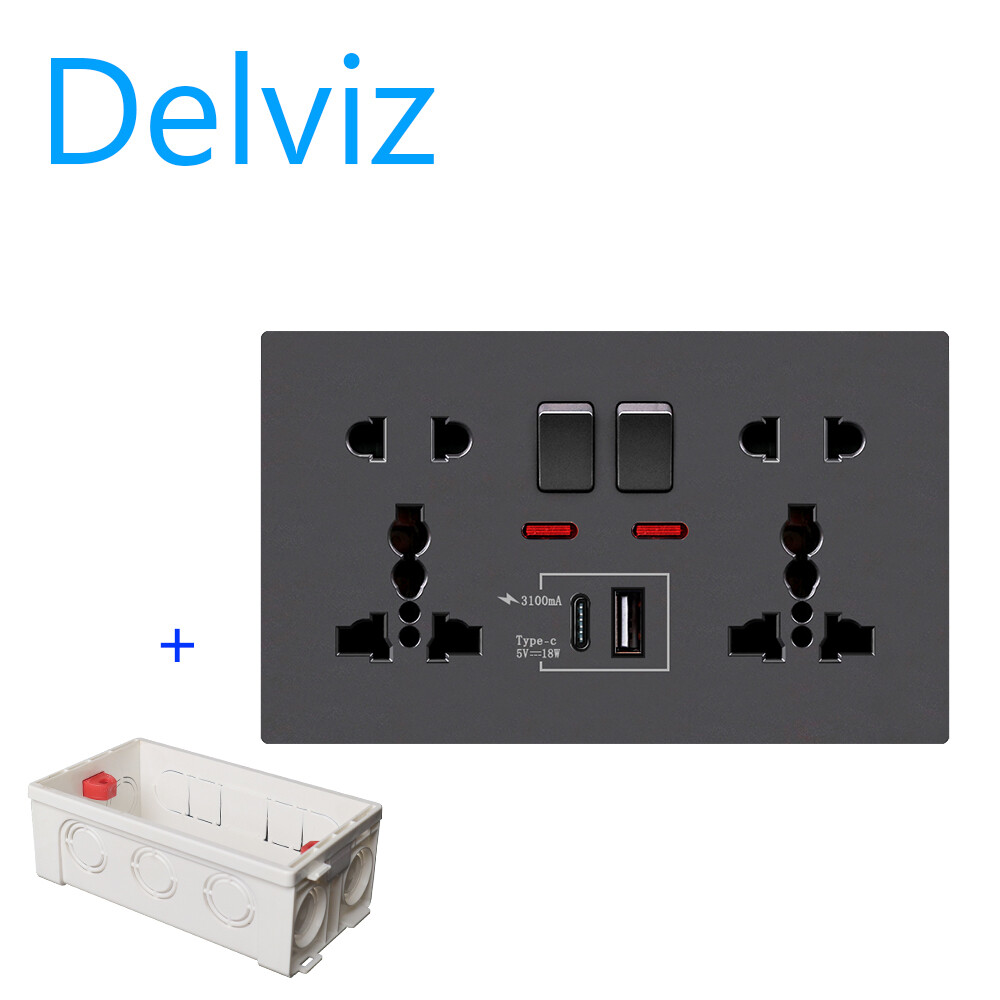 Delviz type-c充电插座，eu/uk/us 5孔壁挂式usb插座，pd18w 3100ma智能快充。1a/1c充电节点。电源插座尺寸146mm * 86mm。带接线盒. .