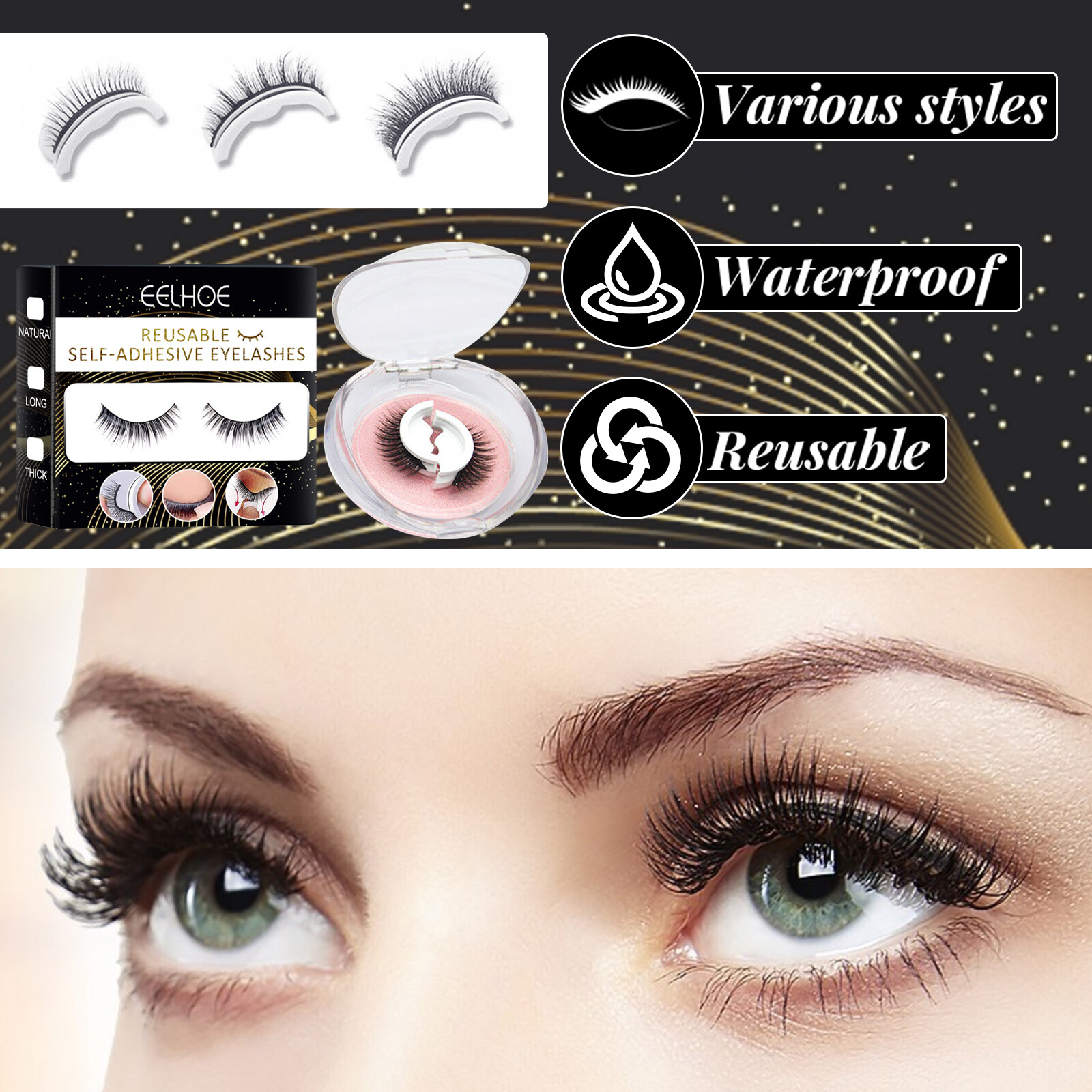 【Hot Sale】Eelhoe Reusable Self-adhesive False Eyelashes Natural  Long Thick Multiple Reversible Self-adhesive Free Glue 3D Fake Eyelashes Professional Non Irritating Comfortable Reusable Cosmetics（1Pair）