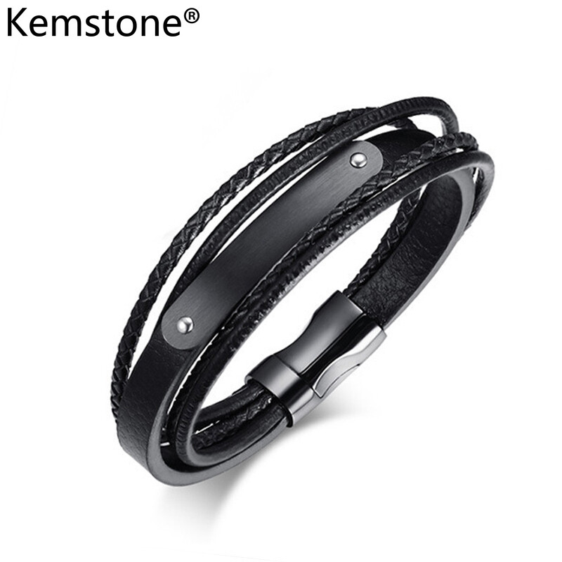 Kemstone Stainless Steel Black Gold Color Wrap Multilayer Genuine Leather Braided Rope Bracelets for Men