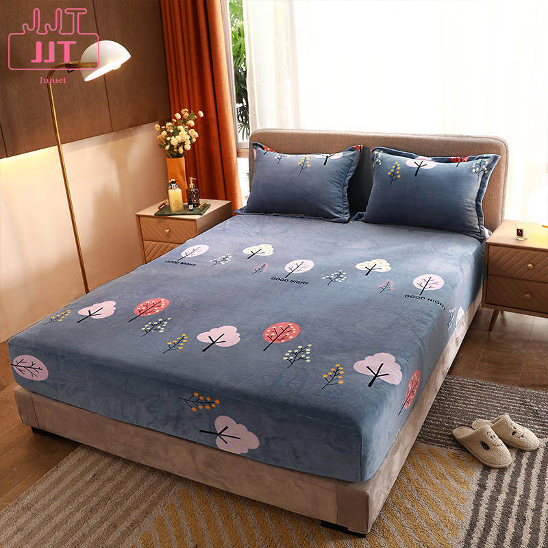 【JJT】Bed Cover With Elastic Bed Sheet Queen Size Gray Color Flannel Fitted Sheets Four Corners With Elastic Band