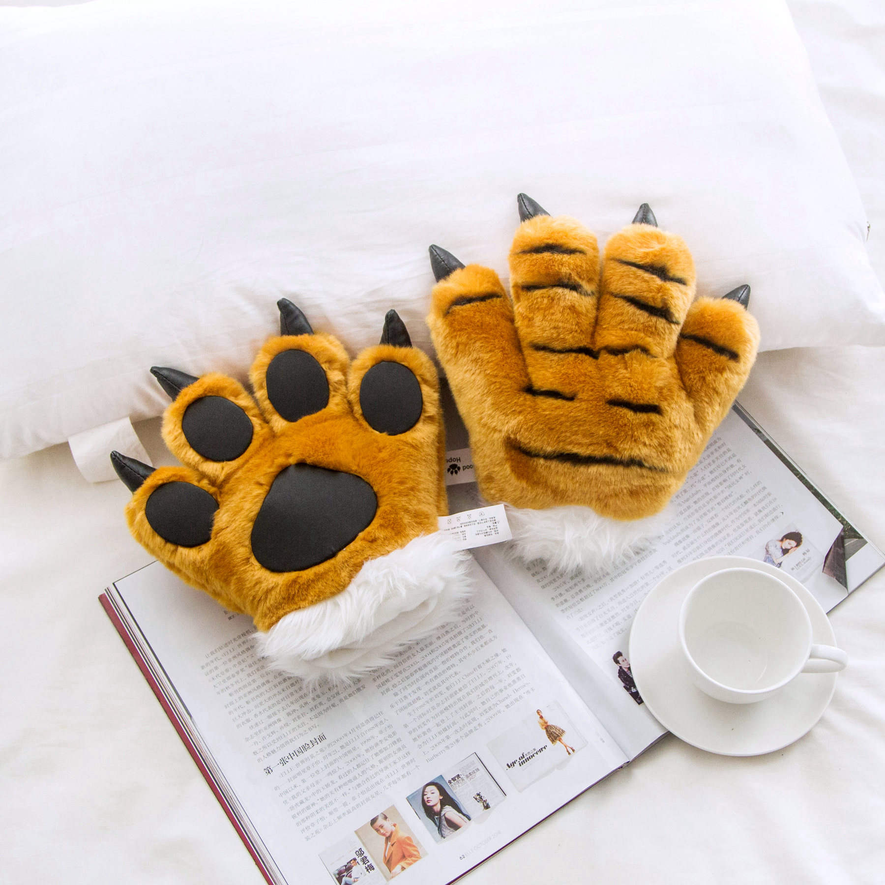 Simulation Tiger Paw Plush S Tail Headband Striped Fluffy Animal Stuffed Toys Padded Halloween Cosplay Costume Mitten