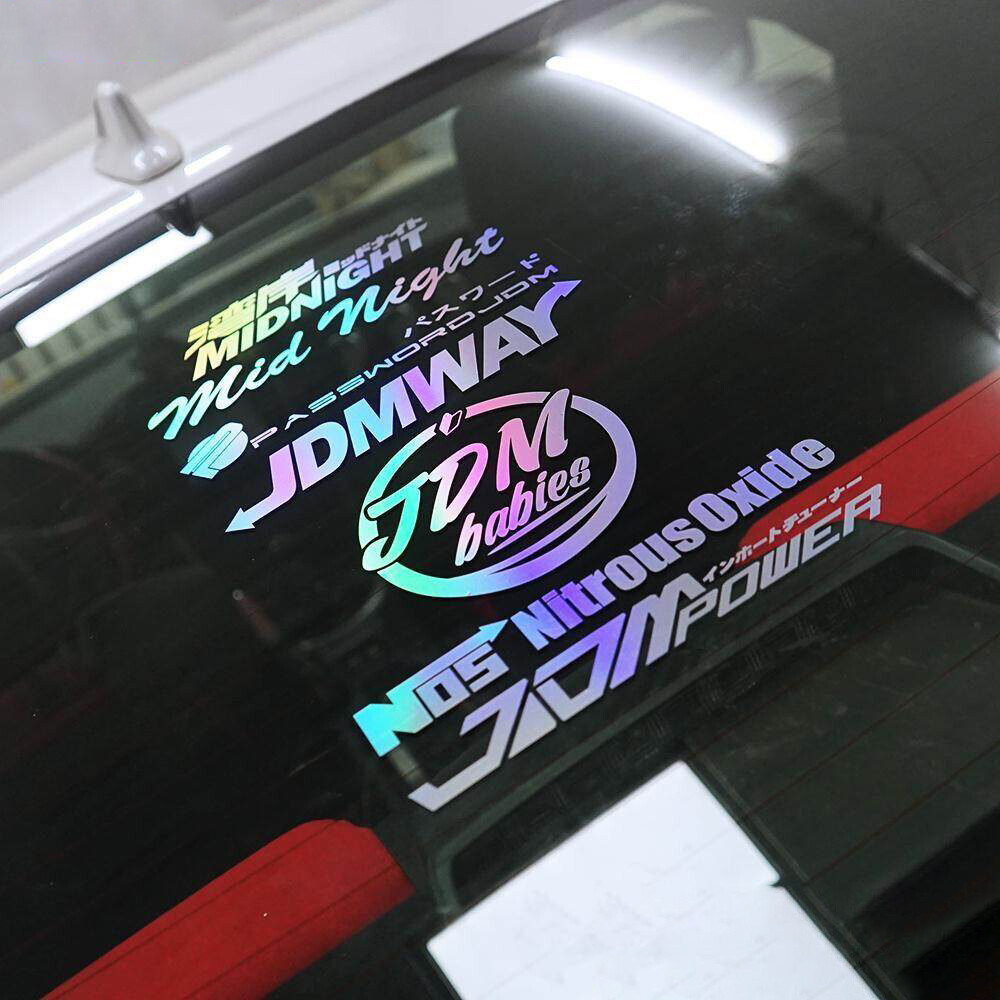 JDM Rainbow Laser Phong cách Nhật Bản Bay Shore Thời trang Thư tiếng Anh Tự động Cửa sổ phía sau Kính chắn gió Sticker Xe gắn máy Mũ bảo hiểm Sticker