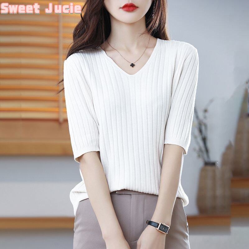 Áo Thun Nữ Sweet Juice Tay Áo 3/4 Hàn Quốc Cổ Tim Bó Sát Áo Thun Dệt Kim Ngắn Tay Cho Nữ