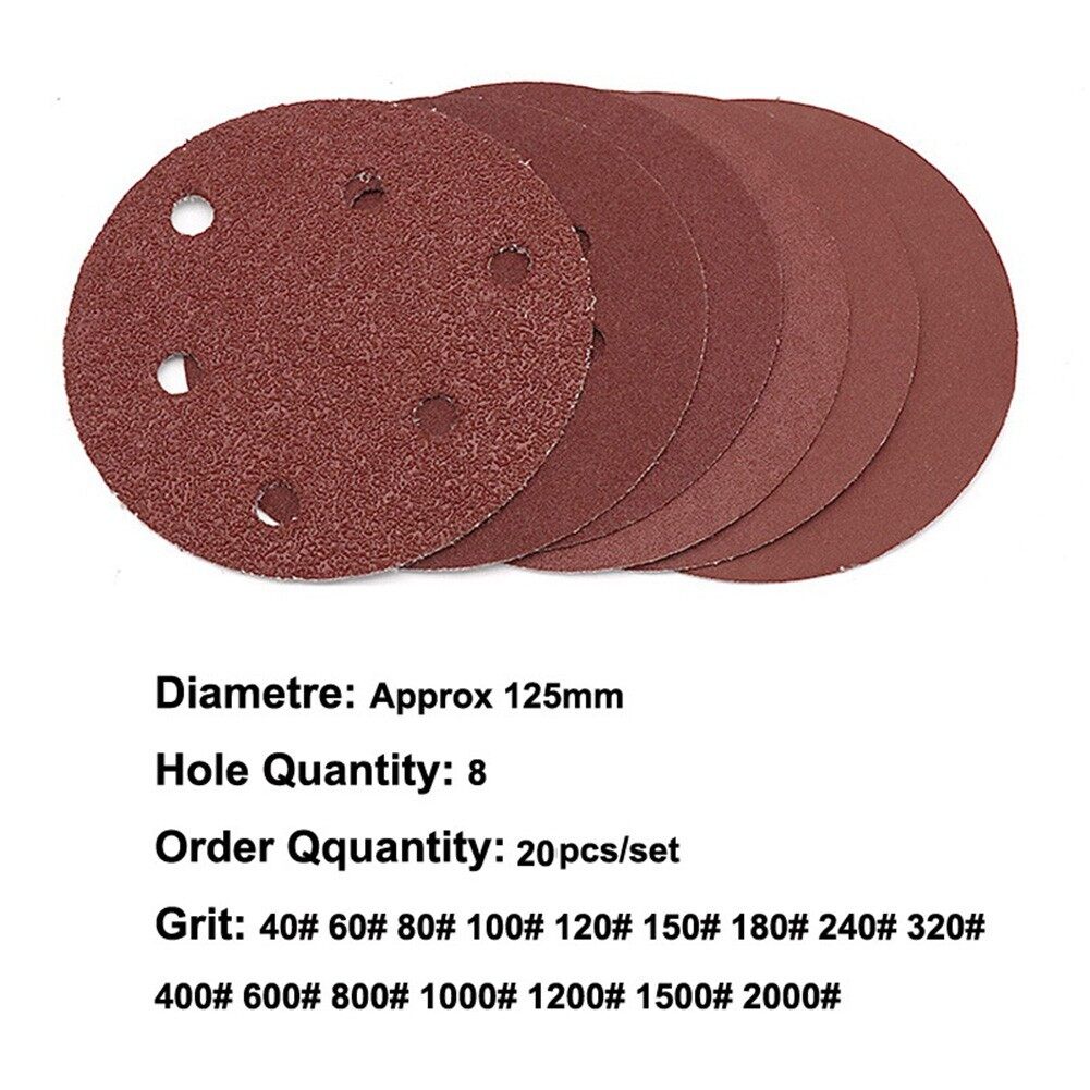 20pcs 5 Inch 125mm Round Sandpaper 8 Hole Sanding Discs Hook & Loop Grit 40-2000