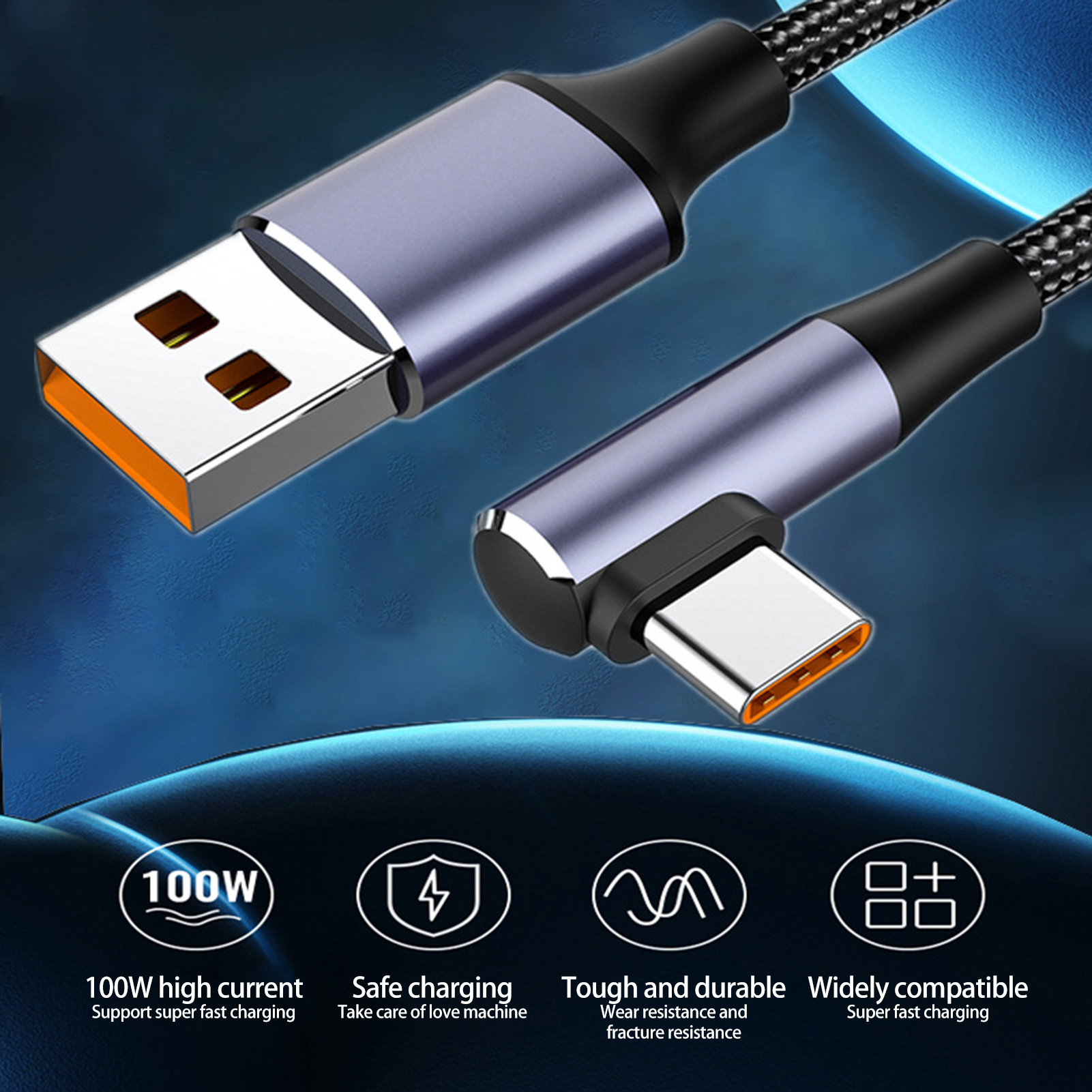 6A 100W Data Cable Universal High Current Braided Wire Tangle-free Fast Charging Elbow Design USB Type-C Mobile Phone USB-C Charger Cable for Office Practical Charging Cord