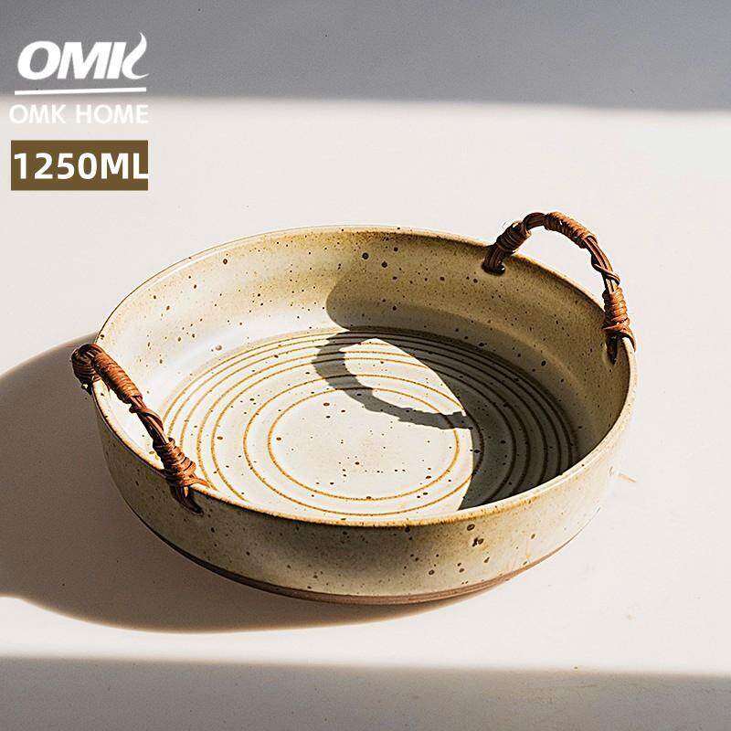 OMK Vintage style rough pottery craft salad plate ceramic deep plate with handle salad bowl