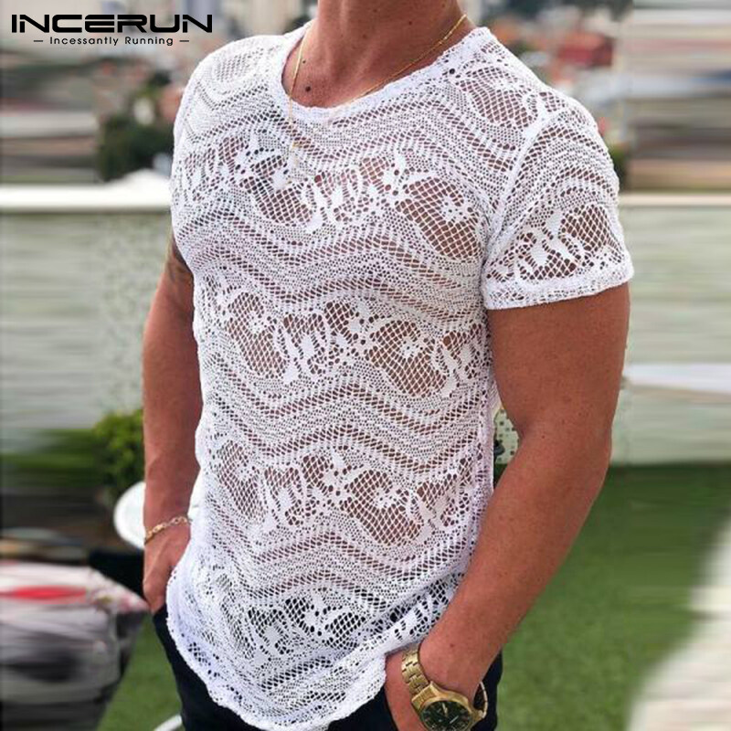 Beehoo INCERUN Áo Thun Lưới Ngắn Tay Xuyên Thấu Cho Nam Áo Cánh Ôm Sát Cổ Tròn Cơ Bắp