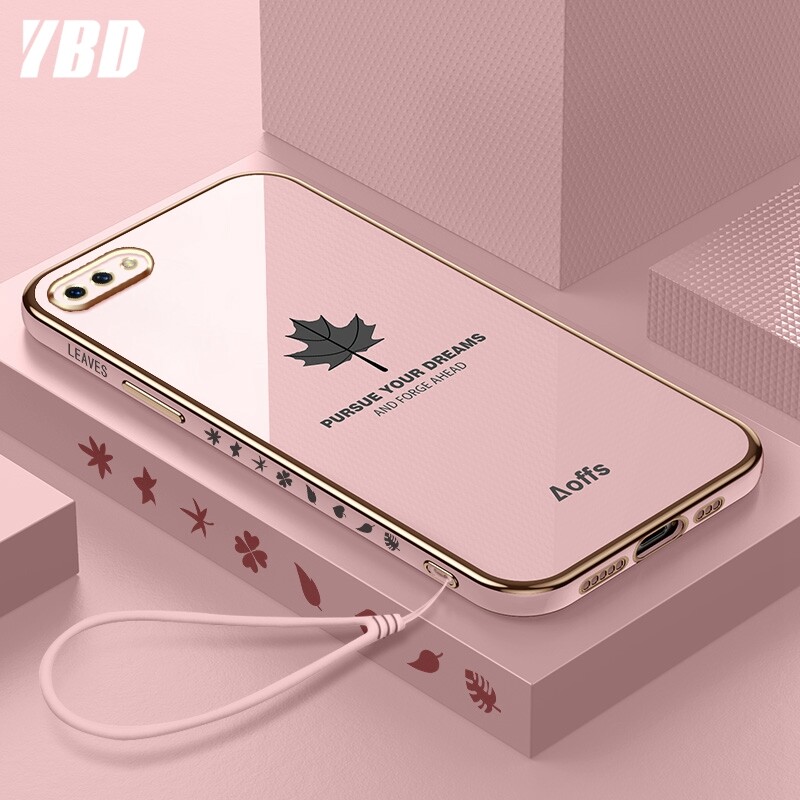YBD Ốp Điện Thoại Mạ Cạnh Thẳng Cho OPPO A3S A12E Realme C1 Ốp Bảo Vệ Máy Ảnh Chính Xác Ốp Họa Tiết Lá Phong Có Dây Đeo Miễn Phí