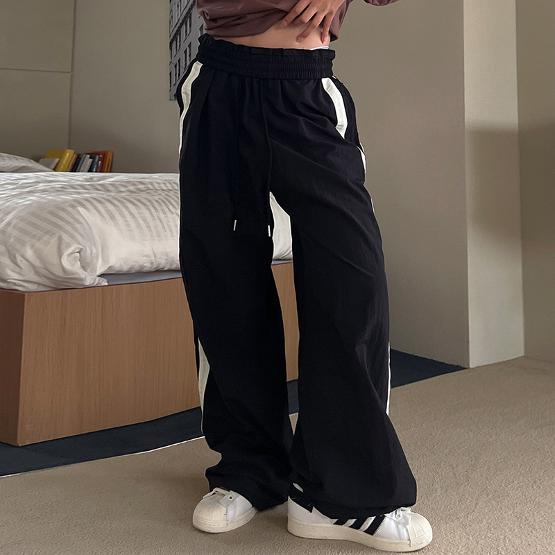Casual Loose Sweatpants for Women Casual Trousers with Side White Webbing Contrast Color Low Waist Drawstring Pants