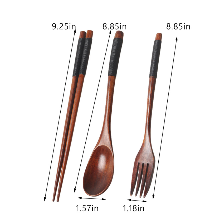 Wooden Flatware Set, 8.8"Chopsticks Spoon Fork Flatware Tableware Cutlery Set Travel Utensils Tied Line Reusable Flatware for Camping,Picnic,Office or Home (3 pcs )