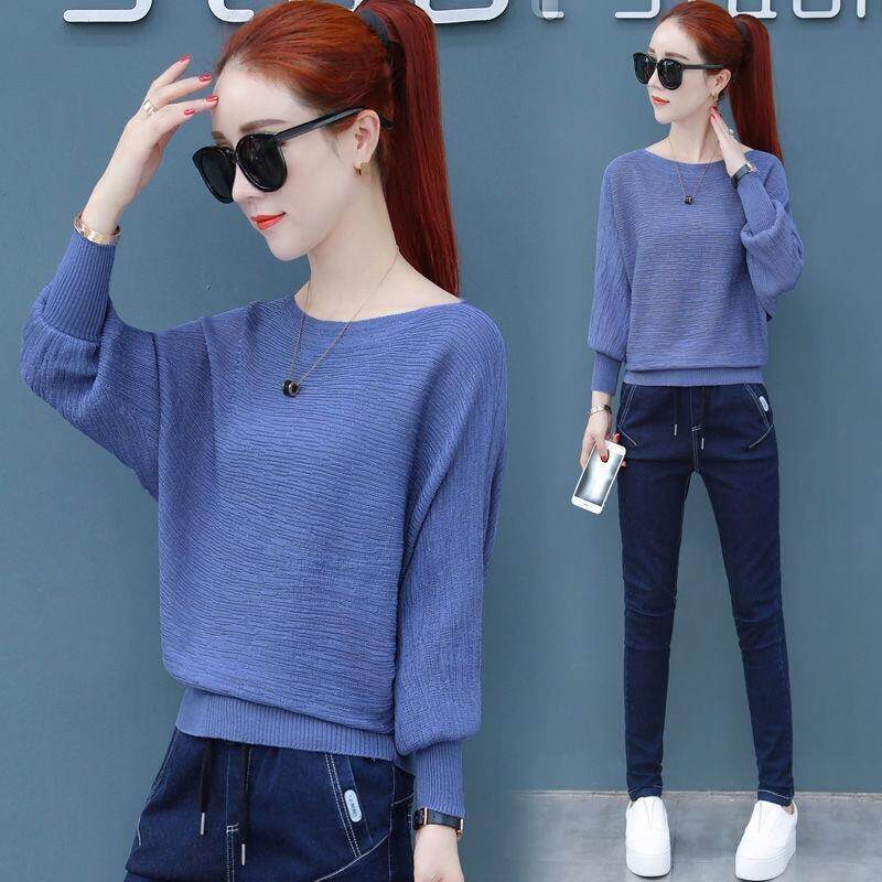 One-shoulder Bat Sleeve T-shirt Women's Knitted Bottoming Shirt New Autumn and Winter Clothing Covering Belly Wild Foreign Temperament Ladies Top