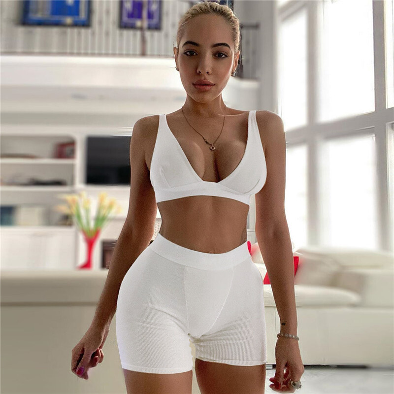 Happybuyner Sleeve V-Neck Sport Crop Tank Top Biker Shorts 2 Piece Set Autumn Winter Women Fashion Streetwear Tracksuit
