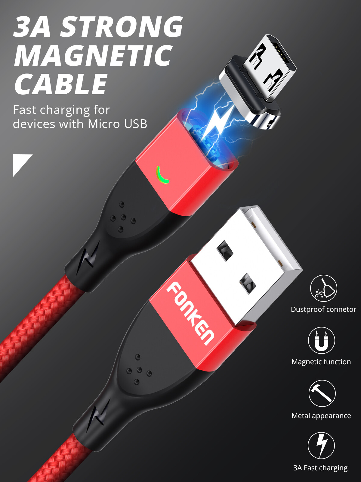 FONKEN 1M 3Packs Micro USB Cable QC 3.0 Fast Charging Max 3A Quick Charger Sync Data Transfer LED Magnetic Charger Cable for Android Device