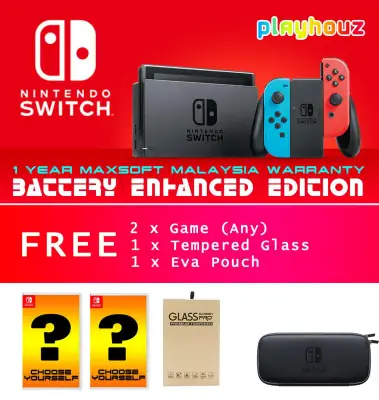 Nintendo Switch Battery Enhanced Edition V2 Neon/Grey + 2 Games + Tempered Glass + Pouch (1 Year Maxsoft / Supplier Warranty)