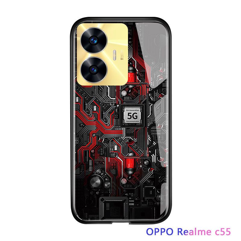 Hontinga Casing Case For Realme C55 Case Technology Circuit Board Explorer Exploration Theme Version Phone Case Tempered Glass Back Cover Casing Hard Case For Boys For Men