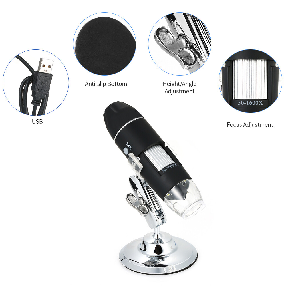 KKmoon 1600X Magnification USB Digital Microscope with OTG Function Endoscope 8-LED Light Magnifying Glass Magnifier with Stand