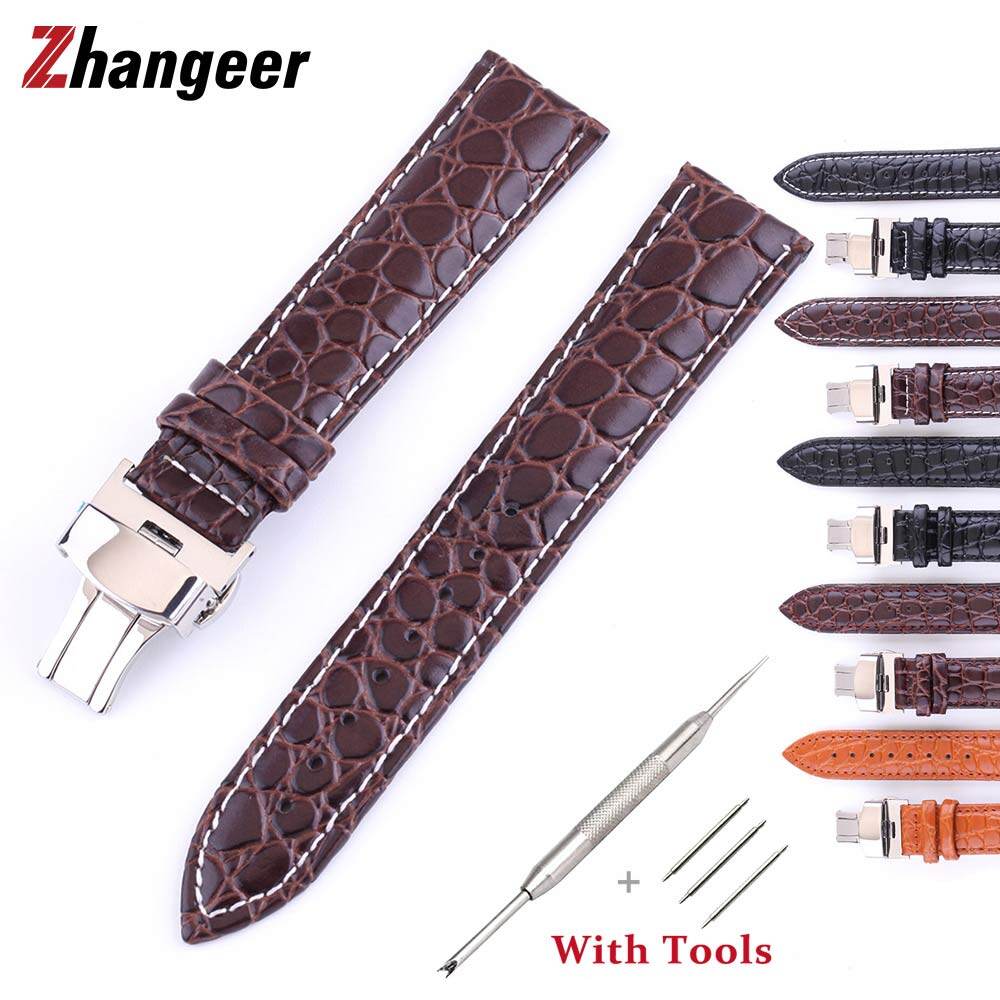 12mm 13mm 14mm 15mm 16mm 17mm 18mm 19mm 20mm 21mm 22mm 24mm Genuine Leather Strap Top Layer Calfskin Watchband Men Women Universl Double Press Automatic Butterfly Buckle Round pattern Wristbands watch accessories with tools