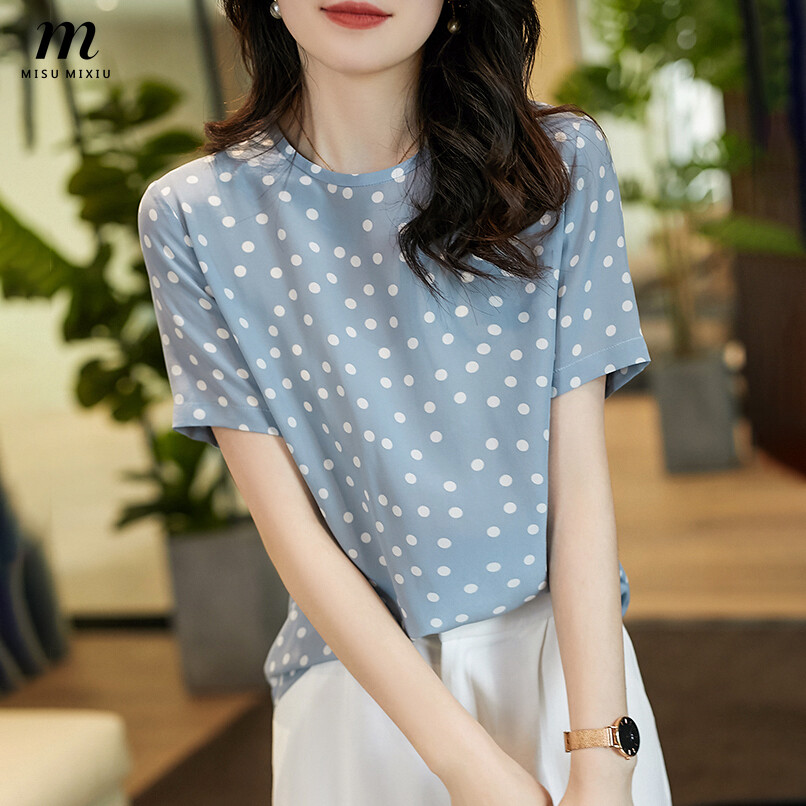 MISUMIXIU Summer New Mulberry Silk Short Sleeve T-shirt  for Women Korean Style Blouse Fashion Wave Point Temperament Top Lady