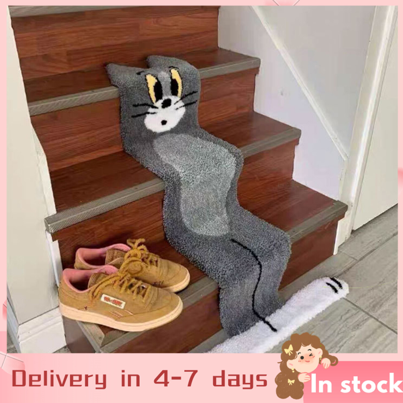 Thảm hoạ tiết mèo Tom trong phim hoạt hình theo phong cách thân thiện có thể gập lại, chất liệu vải Cashmere dùng để lót cầu thang và hoặc cạnh giường ngủ - INTL