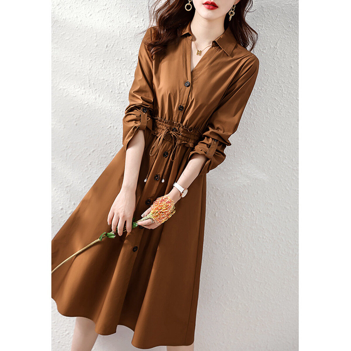 2022 Elegant French retro temperament Simple Literary Vedic Vedic Various Machine Shirt Long Sleeve Mid -sleeve Skirt