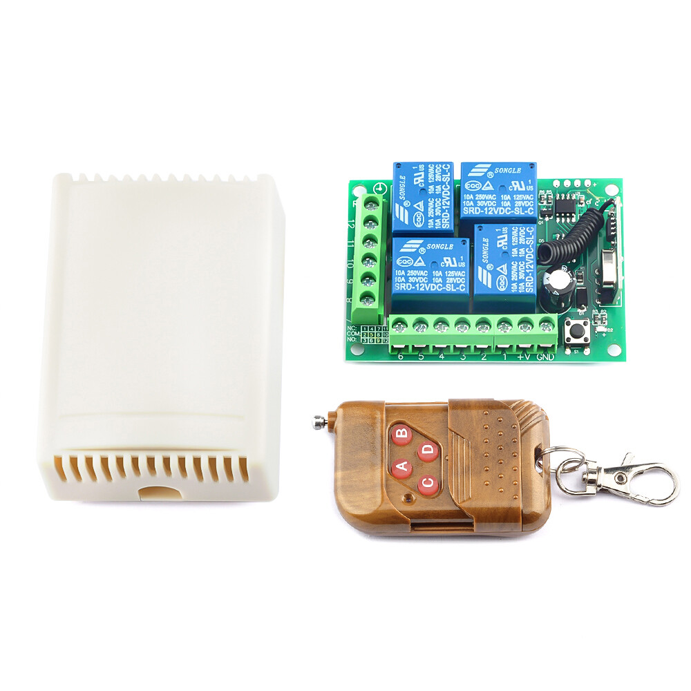 DC12V 433MHz peach wood 4-key ABCD remote control switch learning type DC four-way intelligent wireless control module relay receiver built-in battery