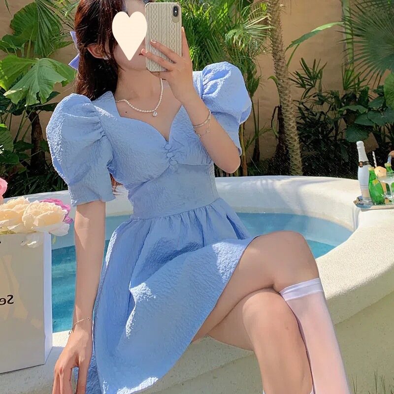DUOHANZI Đầm Nữ Kiểu Pháp mới Đầm Cổ Thắt Eo Cổ Chữ V