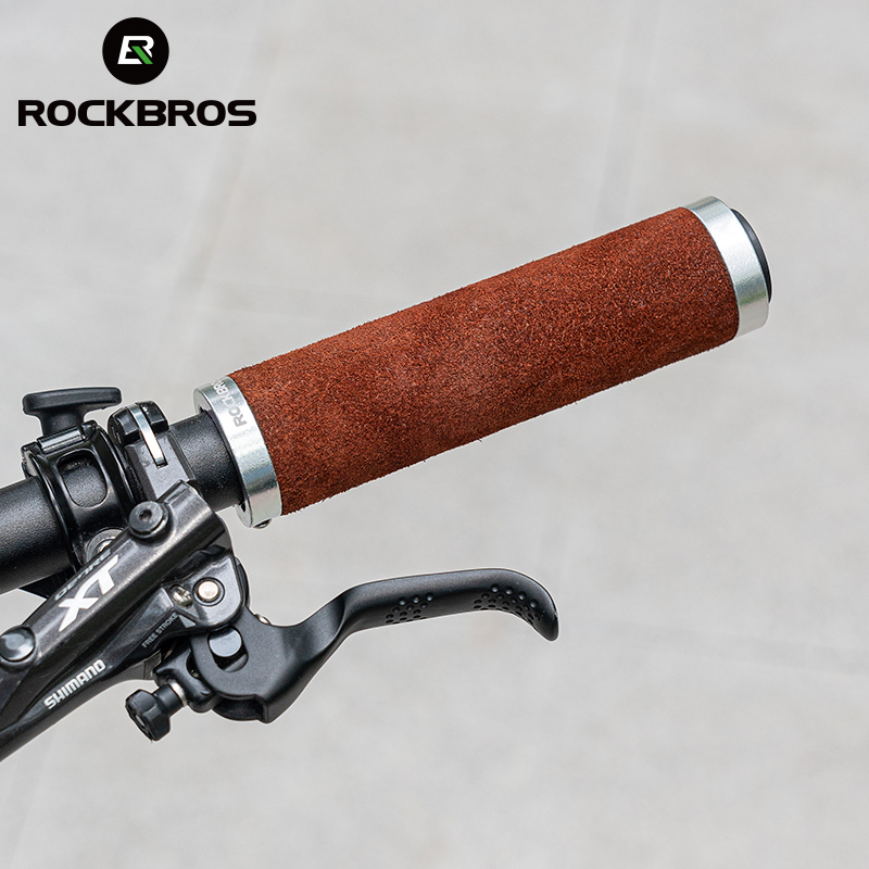 ROCKBROS Bicycle Grips Leather Handle Bar Grips Ergonomics Handlebar Grip Shockproof Bilateral Lock Non-slip Cycling Accessorie