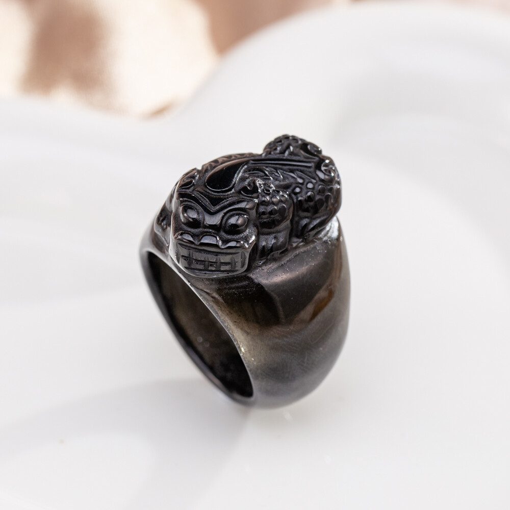 TIMESWIND Natural Obsidian Black Dragon Scripture Lucky Pixiu Ring O1R