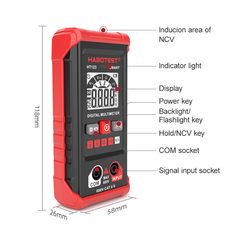 HT123 Smart Digital Multimeter High-precision Auto Range Multimeter NCV AC DC Voltage Resistance Continuity Tester with Backlight