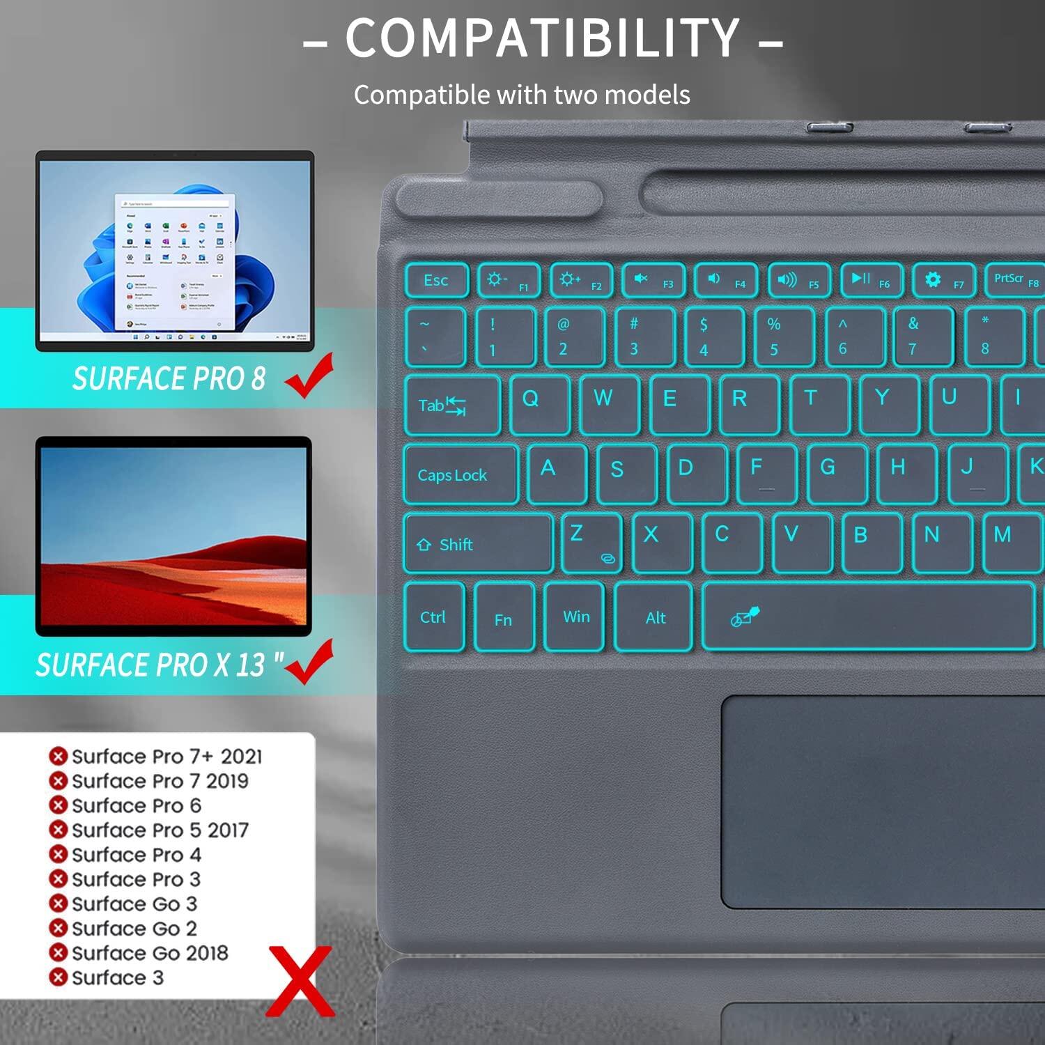 MD Surface Pro 8 /Surface Pro 9/Surface Pro x, bluetooth Bàn phím không dây với Trackpad Backlit Bàn phím từ tính, Tương thích với Microsoft Surface Pro Surface Pro x, với bề mặt bút/Surface Pro