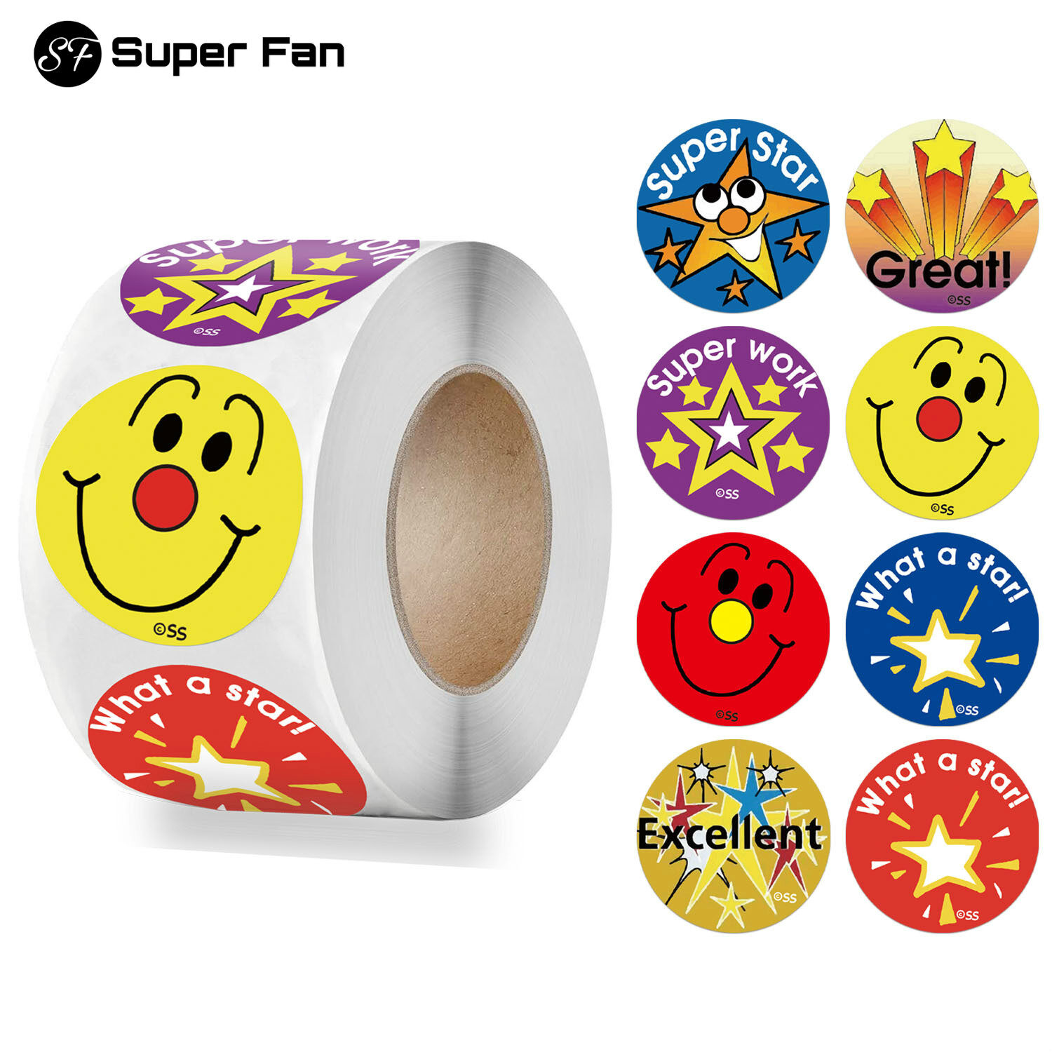 (Super Fan) Smile Face Sticker for Reward Kids Children 500PCS/ROLL 1 Inch Encourage Labels Kawaii Star Pattern Sticker for Teacher Supplies