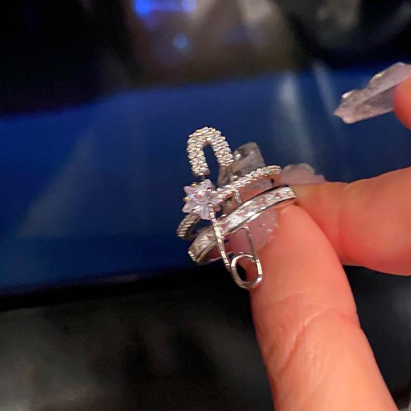 JWER Luxury Zircon Safety Pin Open Ring For Woman Fashion Creative Star Double Layer Open Adjustable Ring Jewelry Gifts