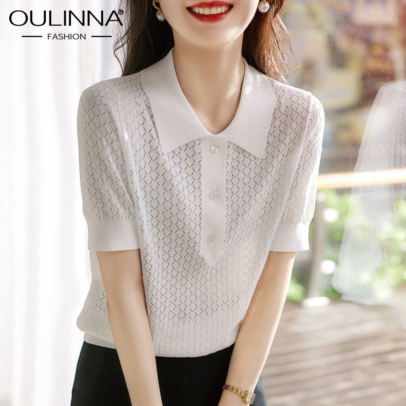 OULINNA 2021 Jane Casual Polo Style Sweater Refreshing Hollow POLO Short-sleeved Knit T