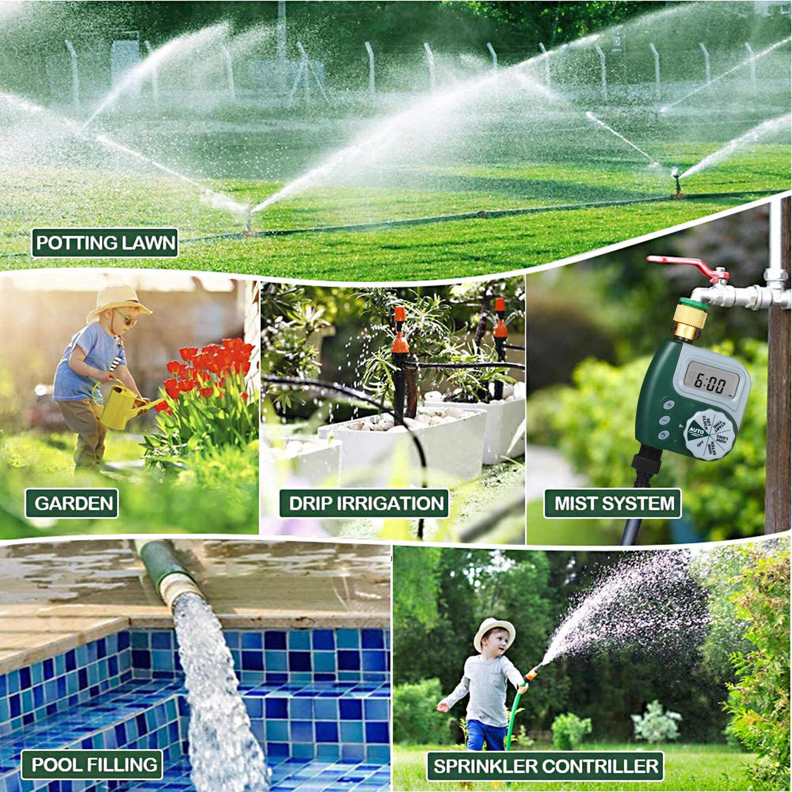 SMART SENSOR Digital Programmable Water Timer Weatherproof Garden Lawn Faucet Hose Timer Automatic Irrigation Controller 1-Outlet Leakpoof Copper Connector with Stainless Steel Filter