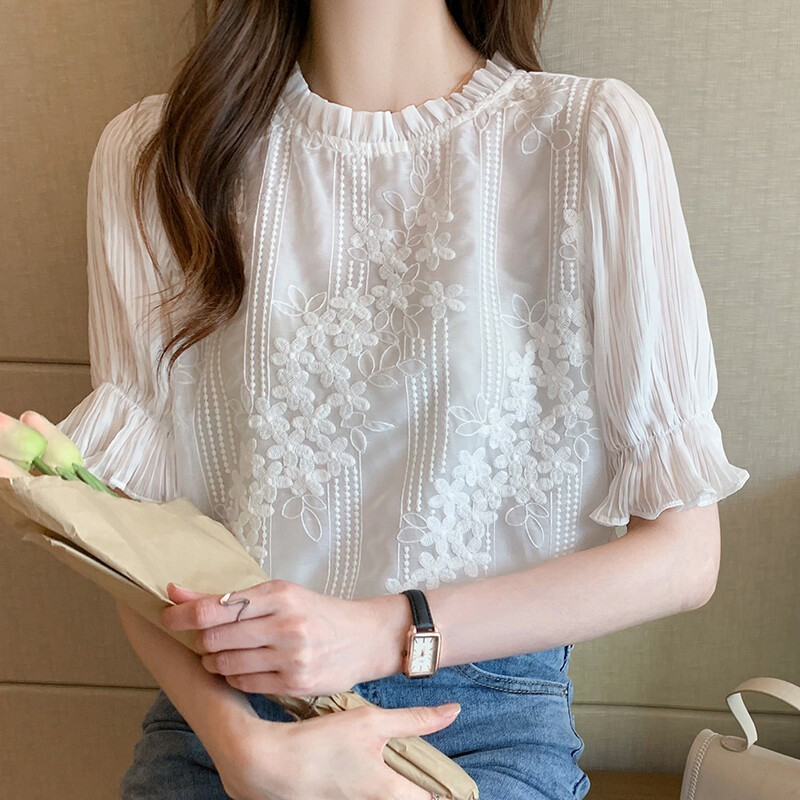 YIGE 2024 Summer Trumpet Sleeve Top Short Sleeve Chiffon Blouse White Lace Blouse Elegant Top