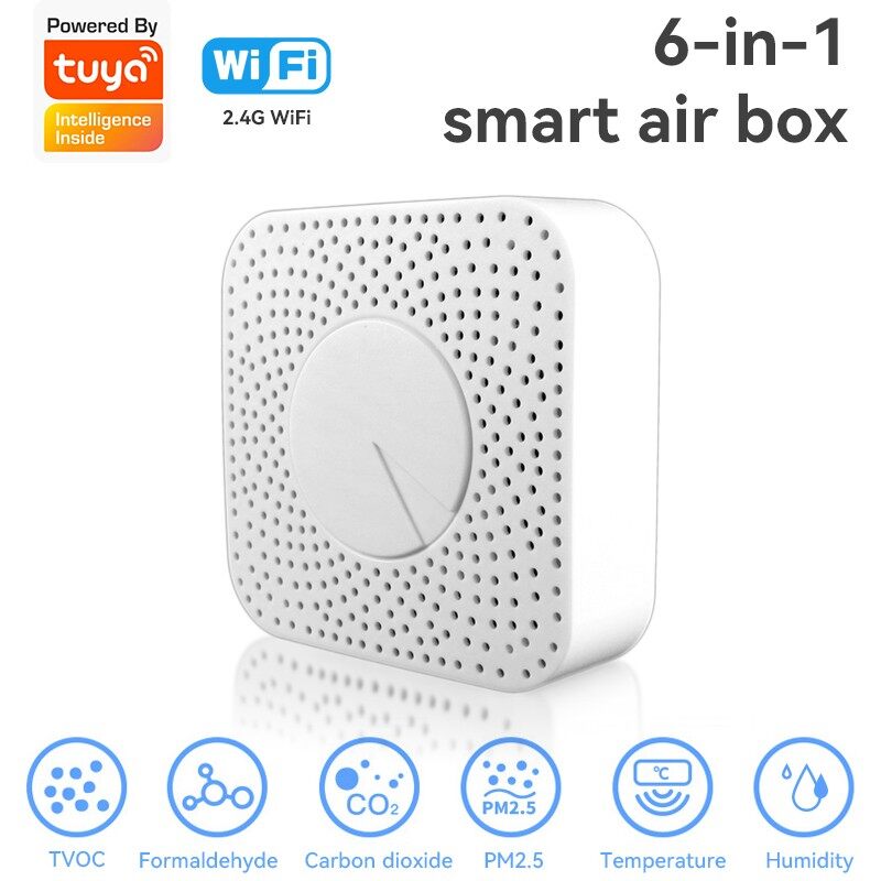 E Life Smart Store Tuya WiFi Smart Air Box Detector Air Quality Monitor Air Housekeeper PM2.5/Formaldehyde/VOC/CO2/Temperature/Humidity Detector Smart Air Box Sensor Automation Alarm Detector