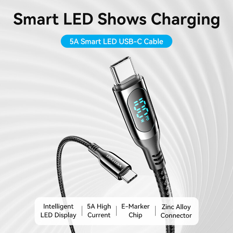 Vention 5A 100W E-Marker Samrt LED USB 2.0 Type C to Type C Cable Fast Charging for MacBook Air 2020 SAMSUNG S22+ Note 20 S10 Laptops USB C to USB C Cable