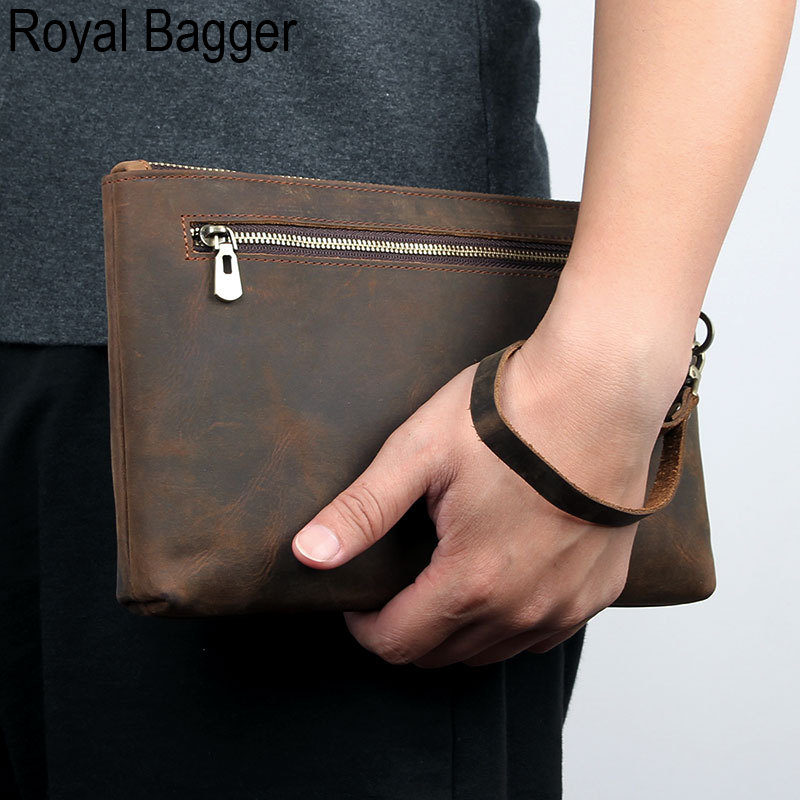 Royal bagger new for men genuine cow leather rfid long wallet purse business casual clutch bag 7.9 inch ipad handbag