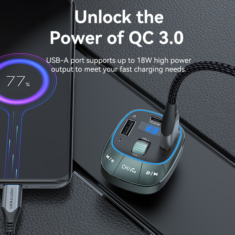 Vention Bluetooth 5.0 Car Charger 48W Fast Charging 3 Port QC 3.0 USB with LED Digital Display for SAMSUNG iPhone Huawei Xiaomi Cellphone MacBook PD 30W 12V to 24V Car Adapter Car Charger Socket Outlet