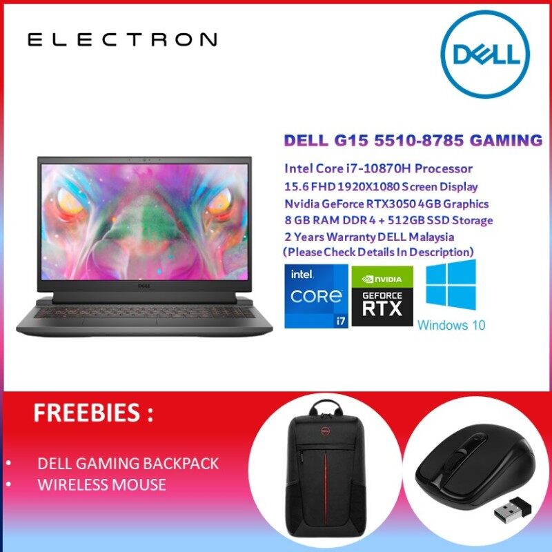 Dell Gaming G15 5510 8785-3050-W10 15.6 FHD 120Hz Gaming Laptop Black ( I7-10870H, 8GB, 512GB SSD, RTX3050 4GB, W10 ) Malaysia