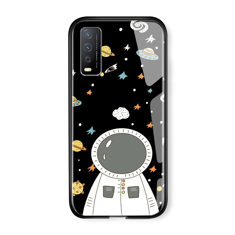 UCUC Case For VIVO Y12S casing VIVOy12S Luxury Cartoon For Girls Moon Sun Space NASA Astronaut Galaxy Case Glossy Tempered Glass Back Soft Edge Cover Casing