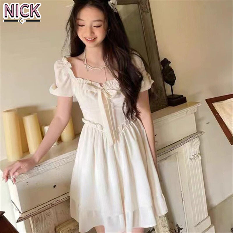 NICK A-Line dresses for women square neck puff sleeves waist thin sweet solid color short dress