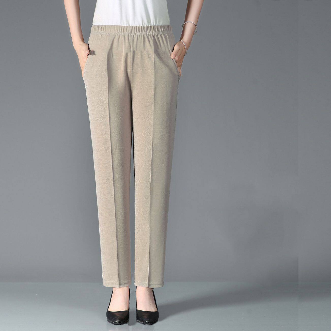 Women's Solid Color Casual Pants 2023 Thin Mother's Pants High Waist Loose Elastic Middle and Old Age Straight Tube Pants for External Wear Women's Pants