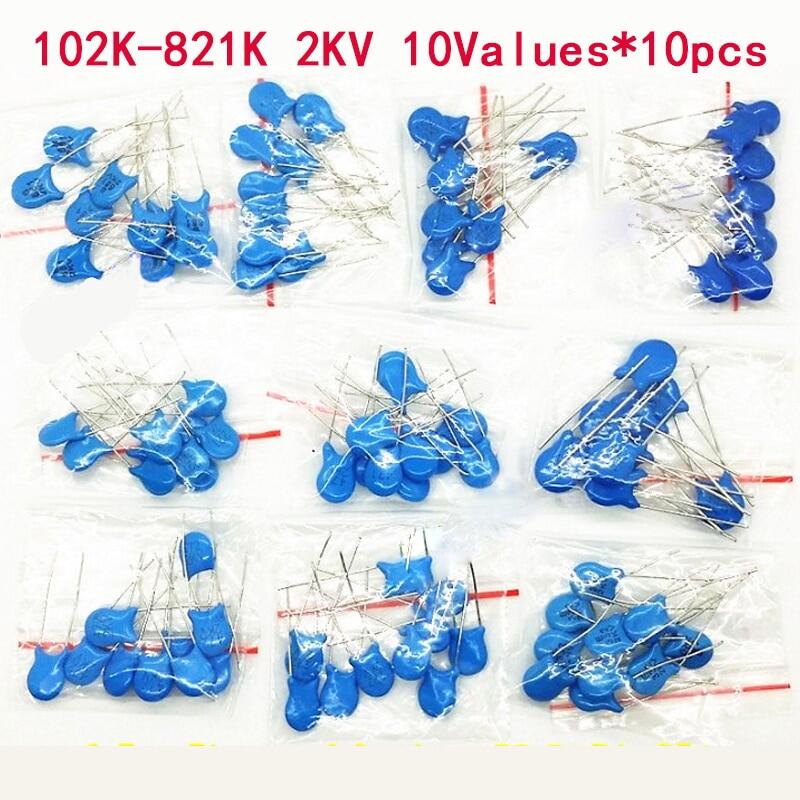100 pcs 2kv high voltage ceramic capacitor assortment kit 102k 221k 332k 471k 472k 561k 681k 821k ceramic capacitors set