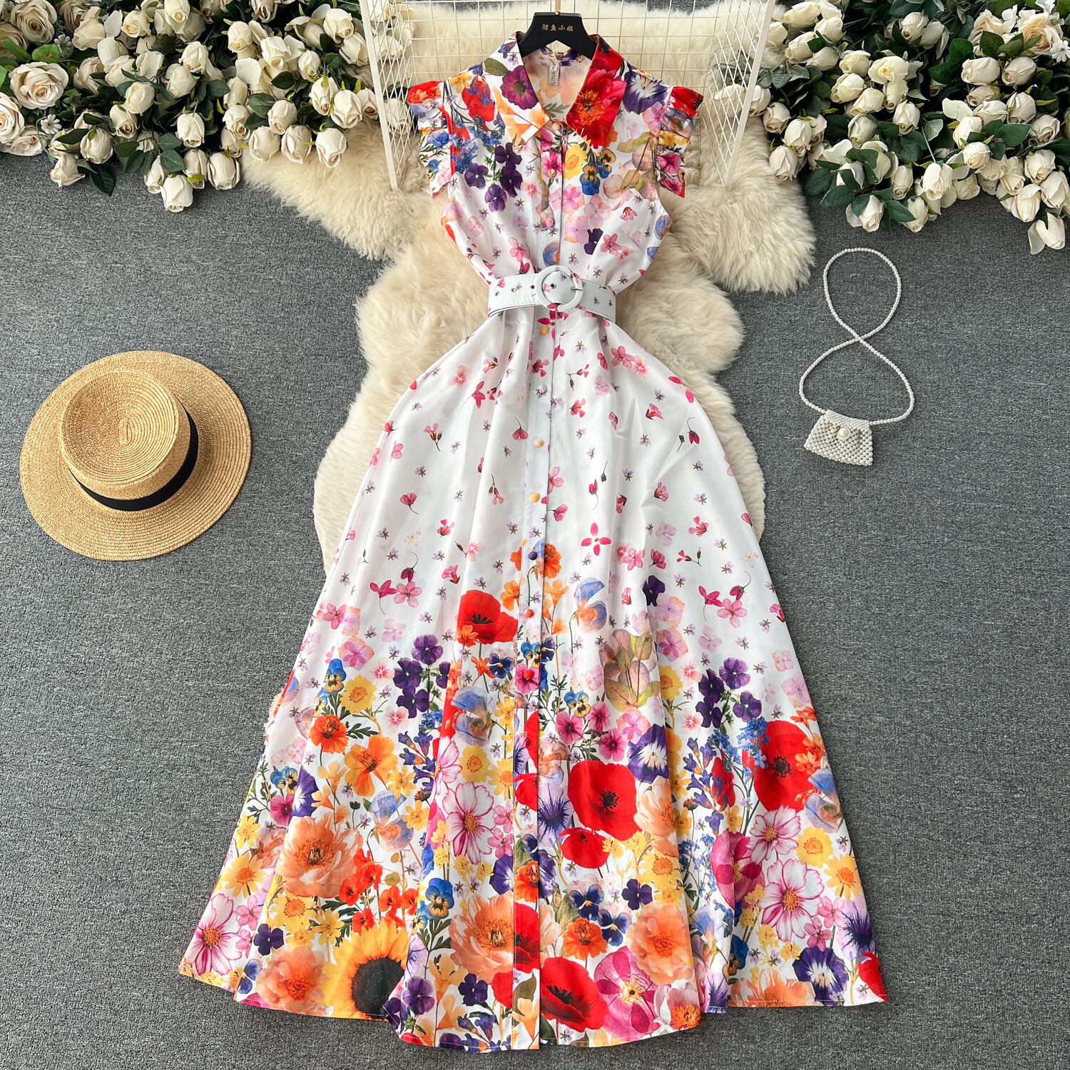 Summer Vintage Shirt Dress Women Elegant Sleeveless Floral Printed Evening Party Dresses Ladies Single Breasted Long Dress