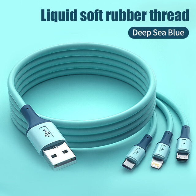 Greenyeah fast charging 3A USB cable 3 in 1 liquid silicone micro USB type C charging cable for Samsung Xiaomi iPhone charger cable