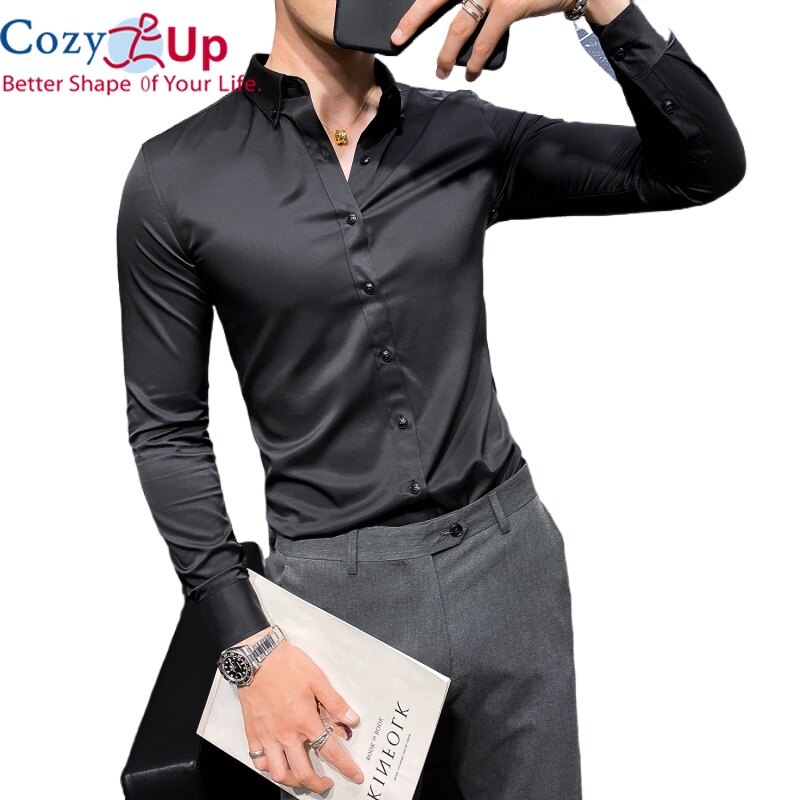 Cozy Up British Style Long-sleeved Shirt Men Solid Color Lapel Comfortable Polyester Fiber Slim Fit