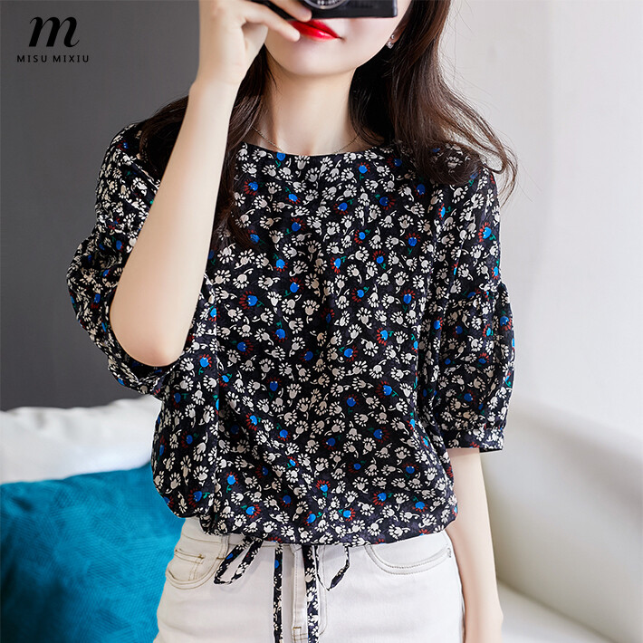 MISUMIXIU Summer New Vintage Floral Blouse for Women Korean Style Elegant Fashion Short Sleeve Loose Temperament Top Lady