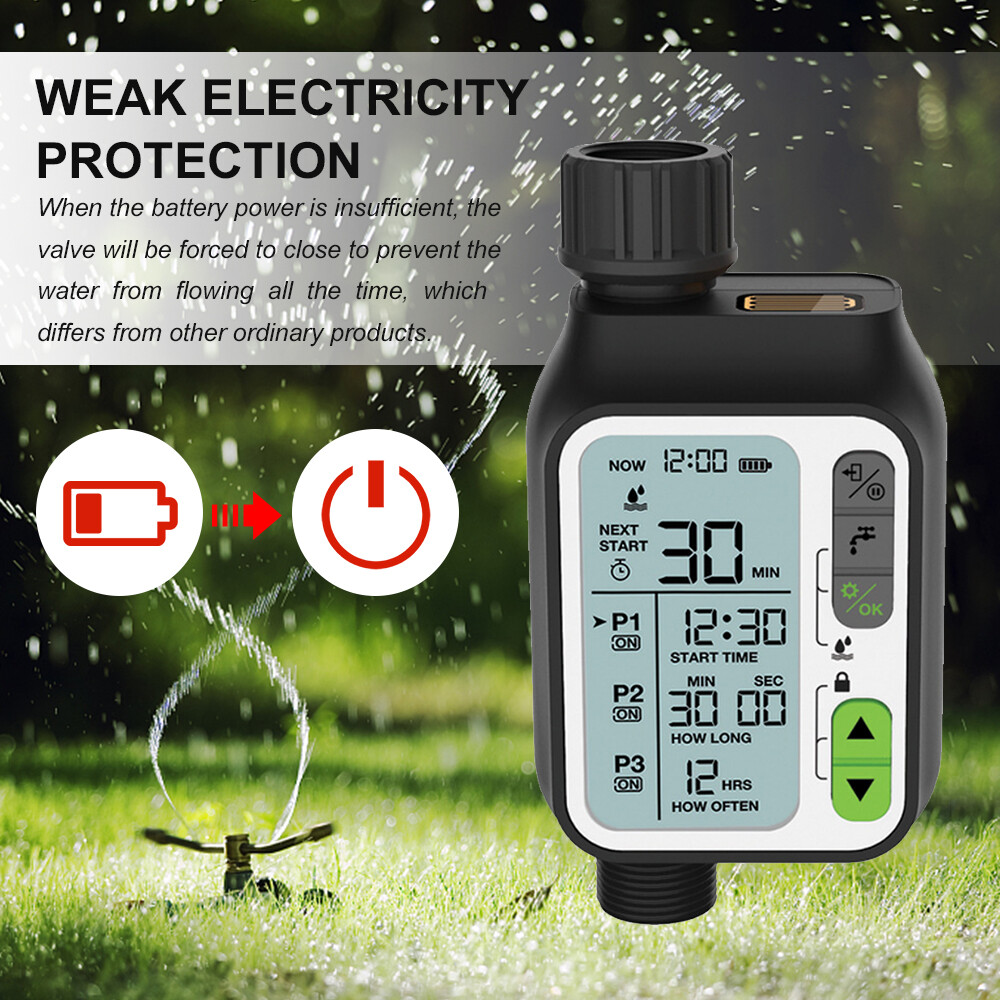 Electronic Irrigation Regulator Automatic Irrigation Timer with Large LCD Screen Waterproof Sprinkler Controller 3 Separate Timing Programs Weak Electricity Protection Rain Sensor Child Lock Outdoor Garden Watering Device Irrigation Tool